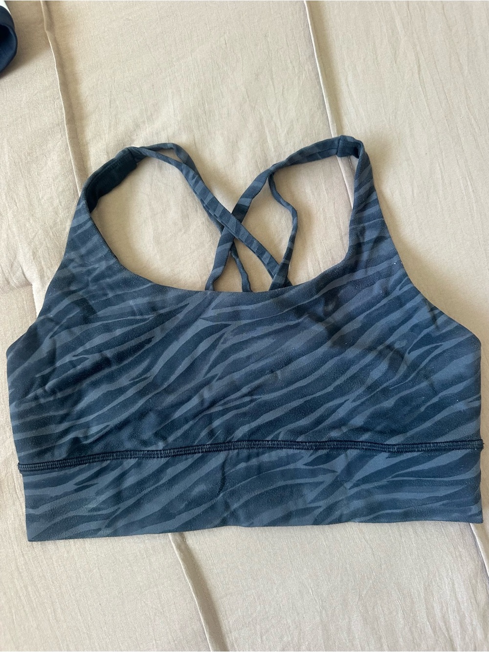 Strappy Zebra-Print Sports Bra in Slate Blue